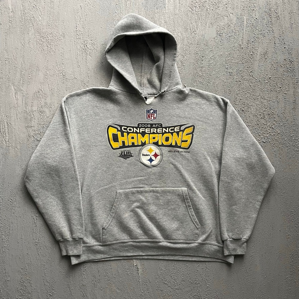 Vintage Pittsburgh Steelers 2008 AFC Champions Hoodie Mens XL Grey 2000s NFL